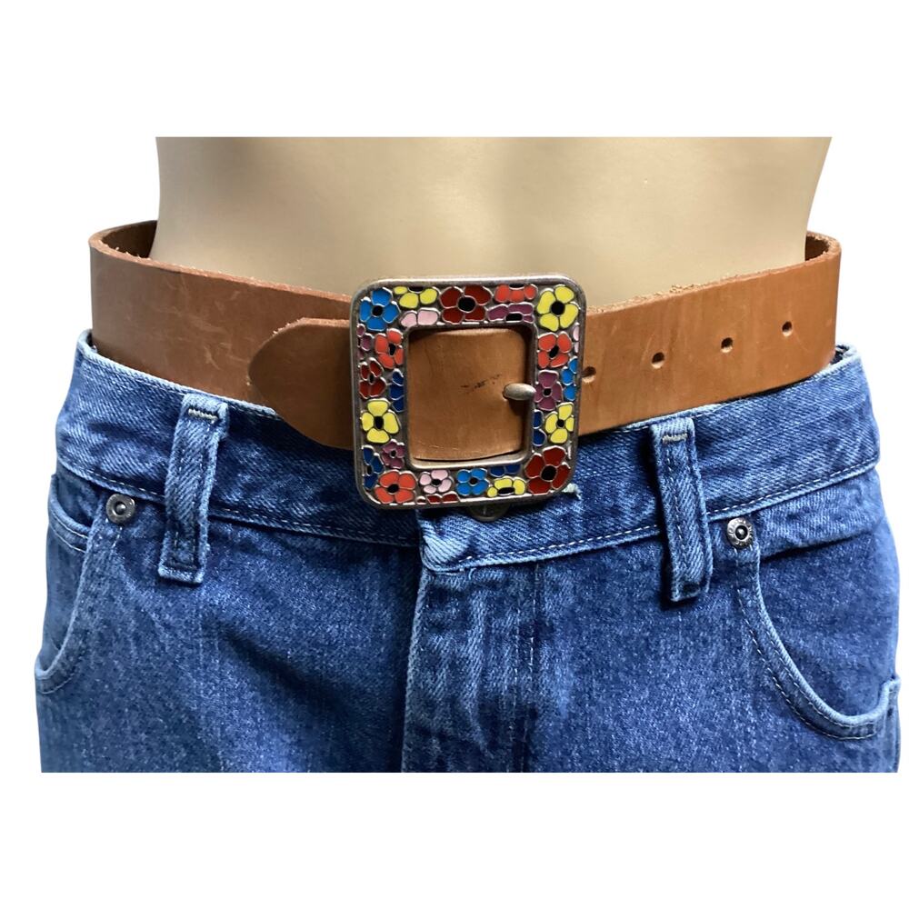 Vntg 90’s Gap tan genuine leather buckle cloisonné-style enamel flowers size 26